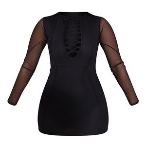 Pretty Little Thing Black Mesh Lace Up Detail Long Sleeve  Dress
